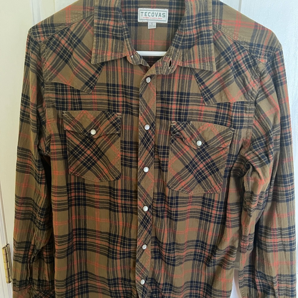 Tecovas Men's Casual Plaid Shirt - Olive and orange